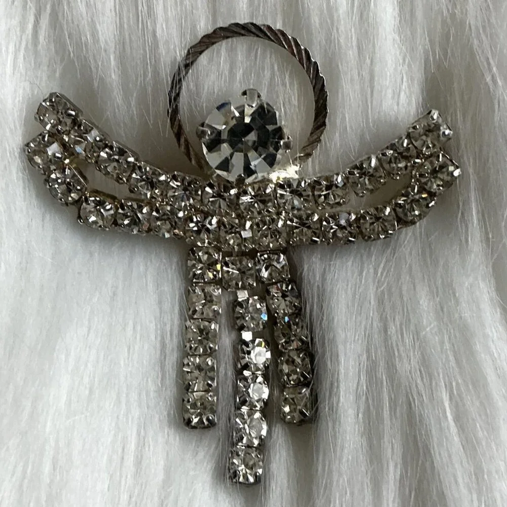 VINTAGE RHINESTONE SILVER ANGEL BROUCH